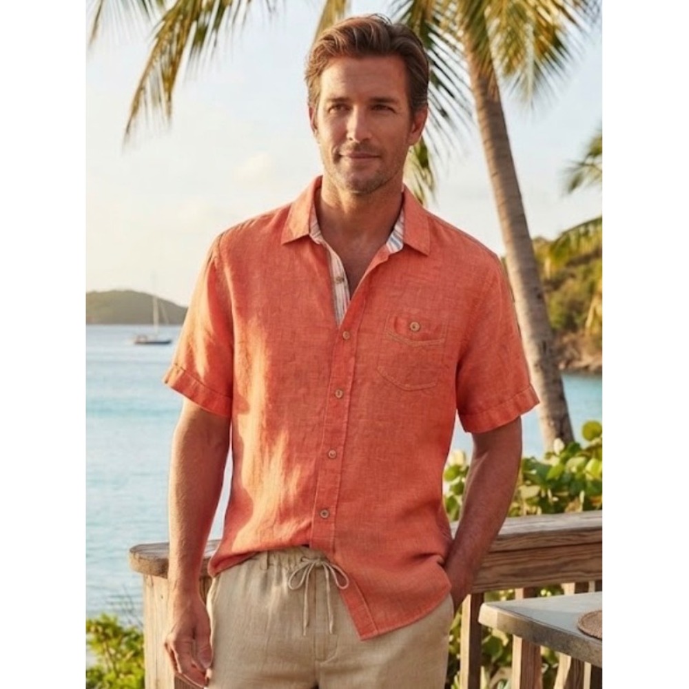 Tommy Bahama Relax Island Modern Fit Mens Small Orange 100% Linen Shirt S/S
